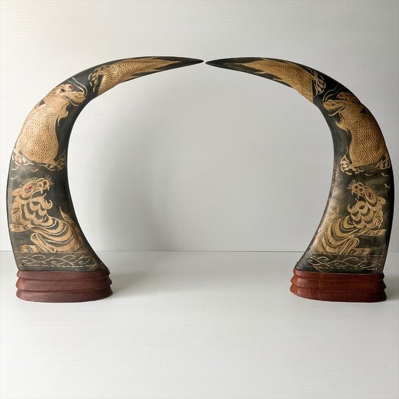 Vintage Hand-Carved Water Buffalo Horn Pair Dragon & Tiger Asian Art Decor - Picture 1 of 11